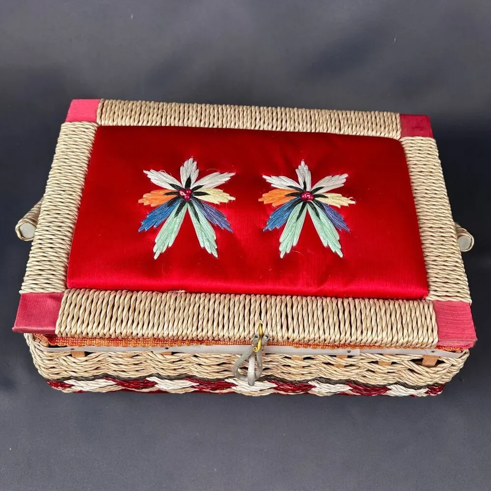 Charming Vintage Cream + Red Wicker Sewing Box 11